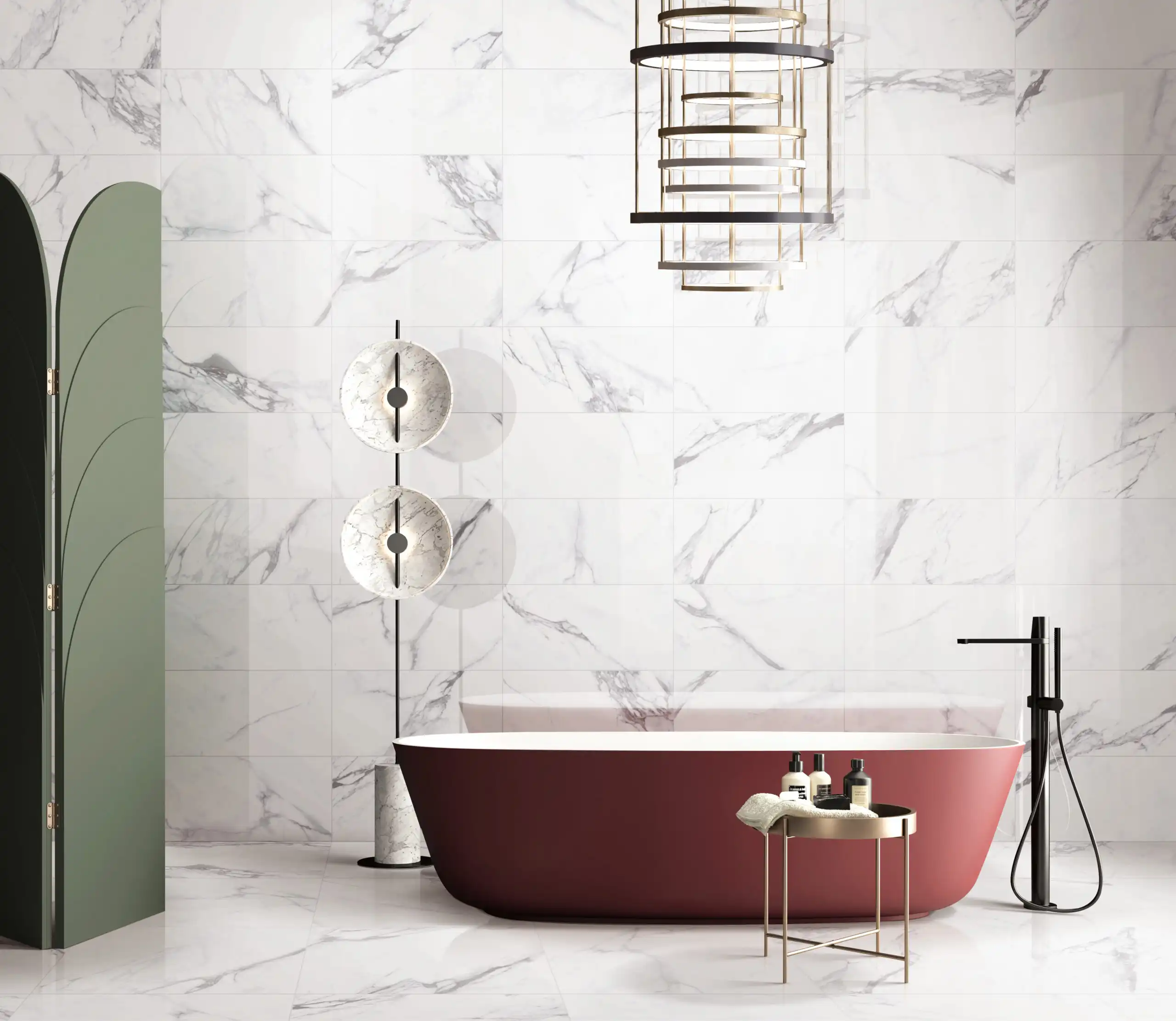 Luxurious bathroom with white marble-look porcelain tiles, a burgundy freestanding bathtub, gold chandelier, and modern decorative lighting.