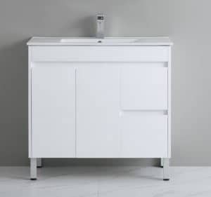 09937 -PVC Pola White Gloss Free Standing Vanity with Ceramic Top Drawers Right Doors Left
