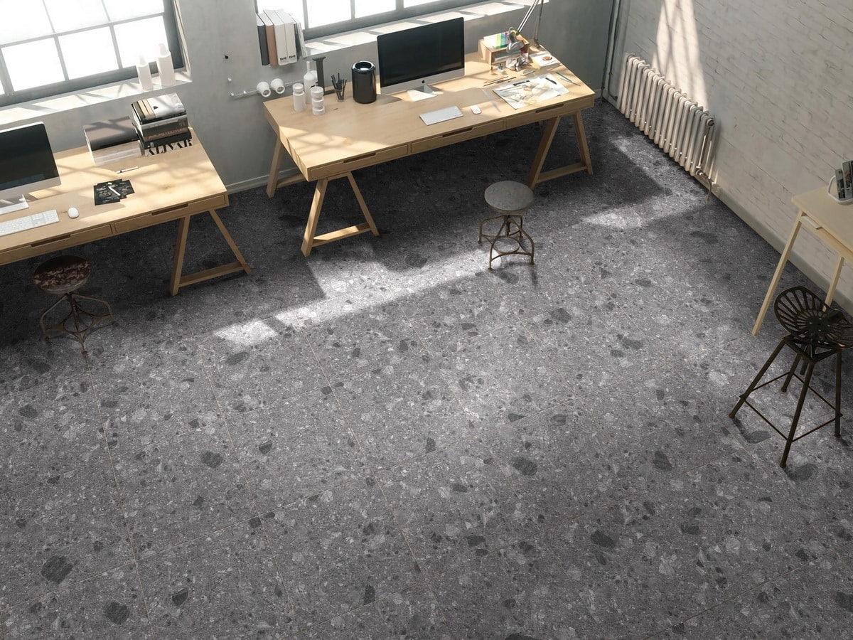 Breccia Dark Grey Terrazzo Look Rectified  Porcelain Paver 3848
