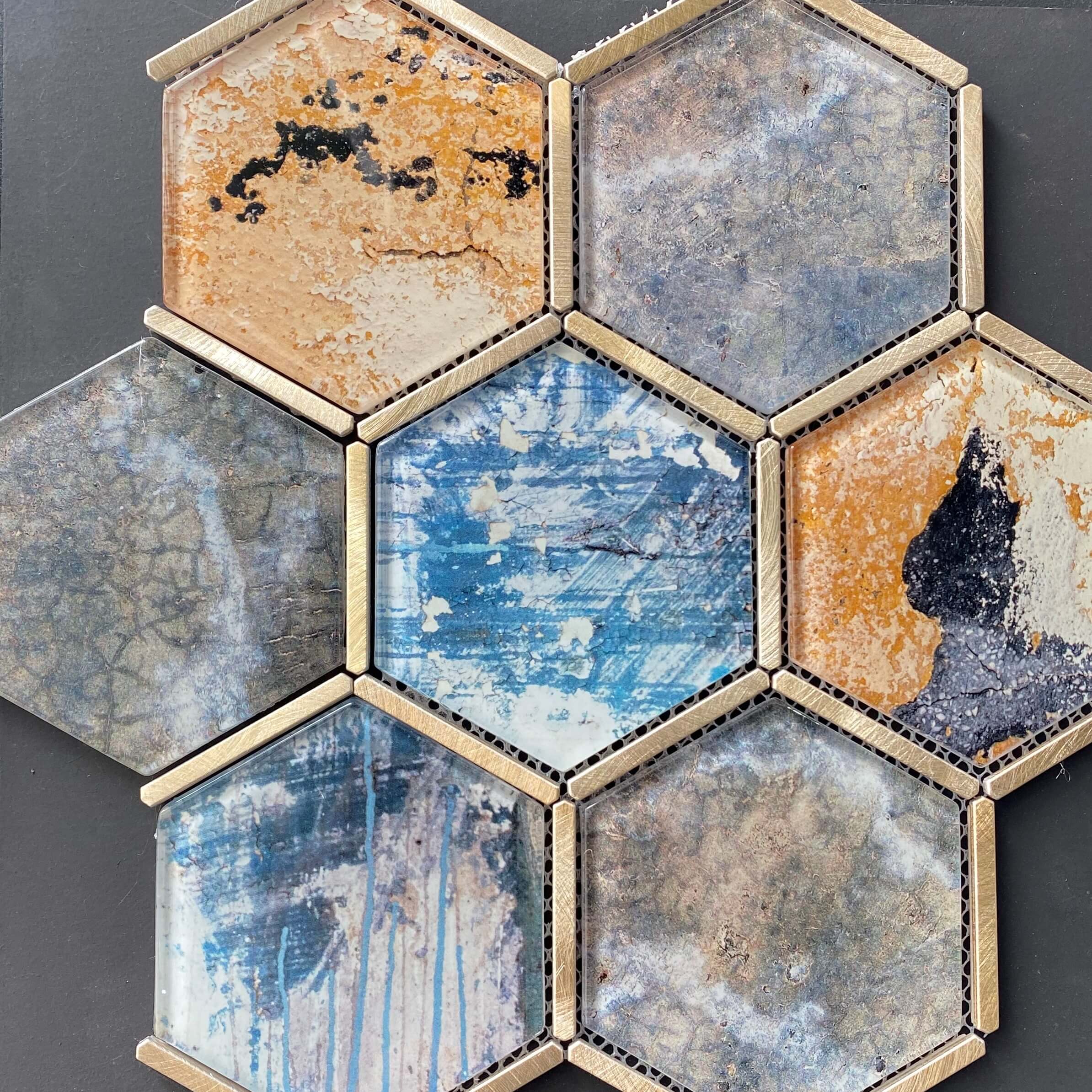 Mixed Hexagon Glass Mosaic With Gold Aluminium Trim 79420