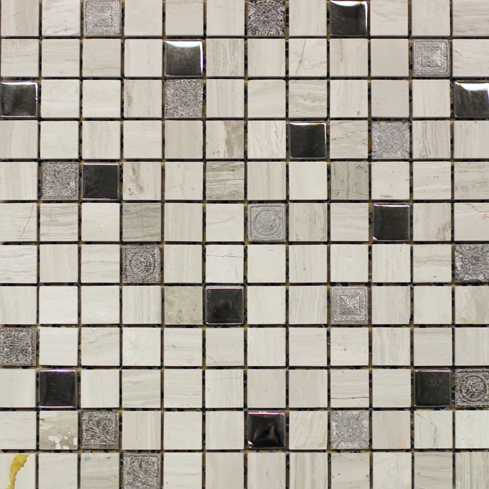 Maria Off White Stone Glass Ceramic + Metal Mosaic (300x300mm) (#7496)