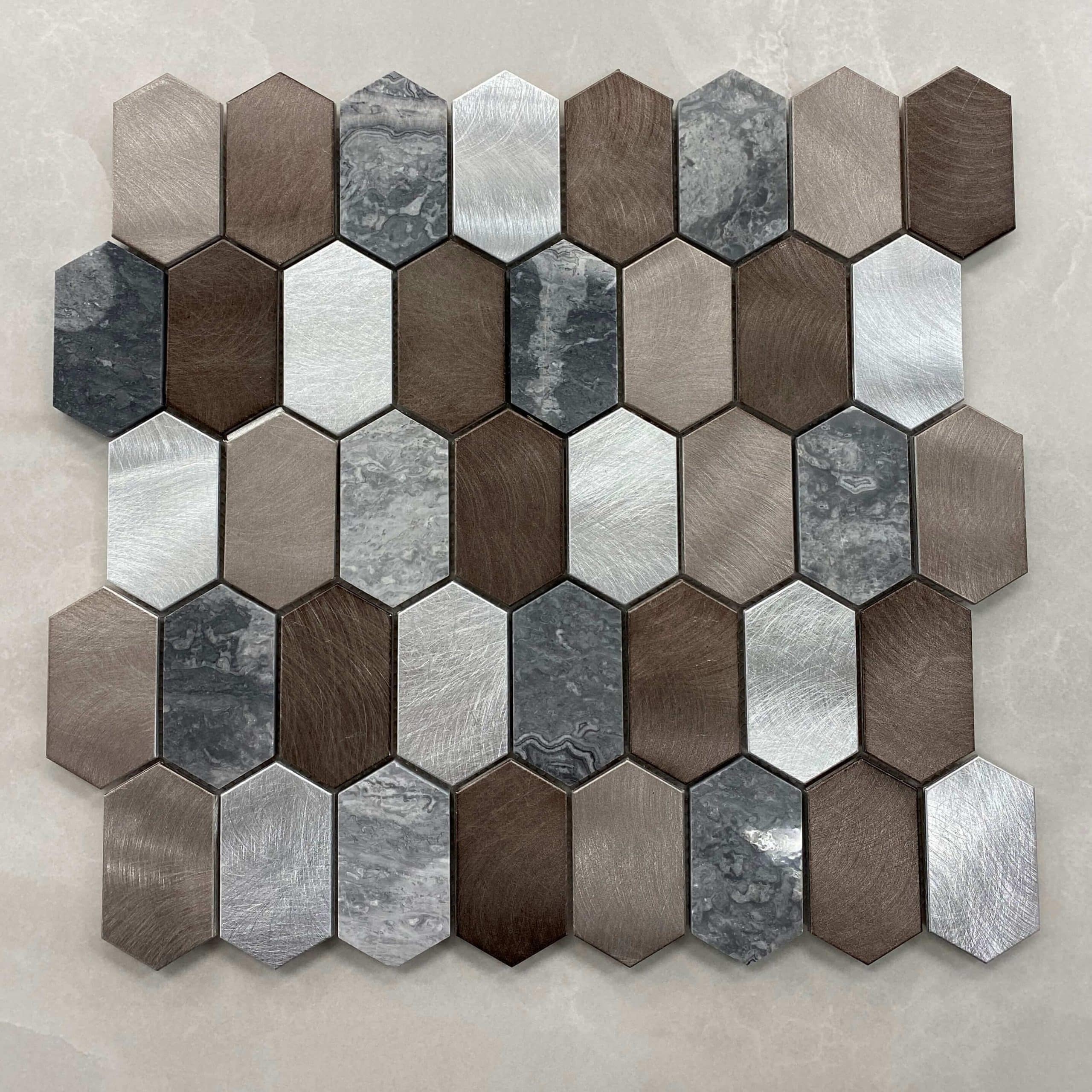 335x316mm Long Hexagon Mixed Aluminium & Stone Mosaic 7570