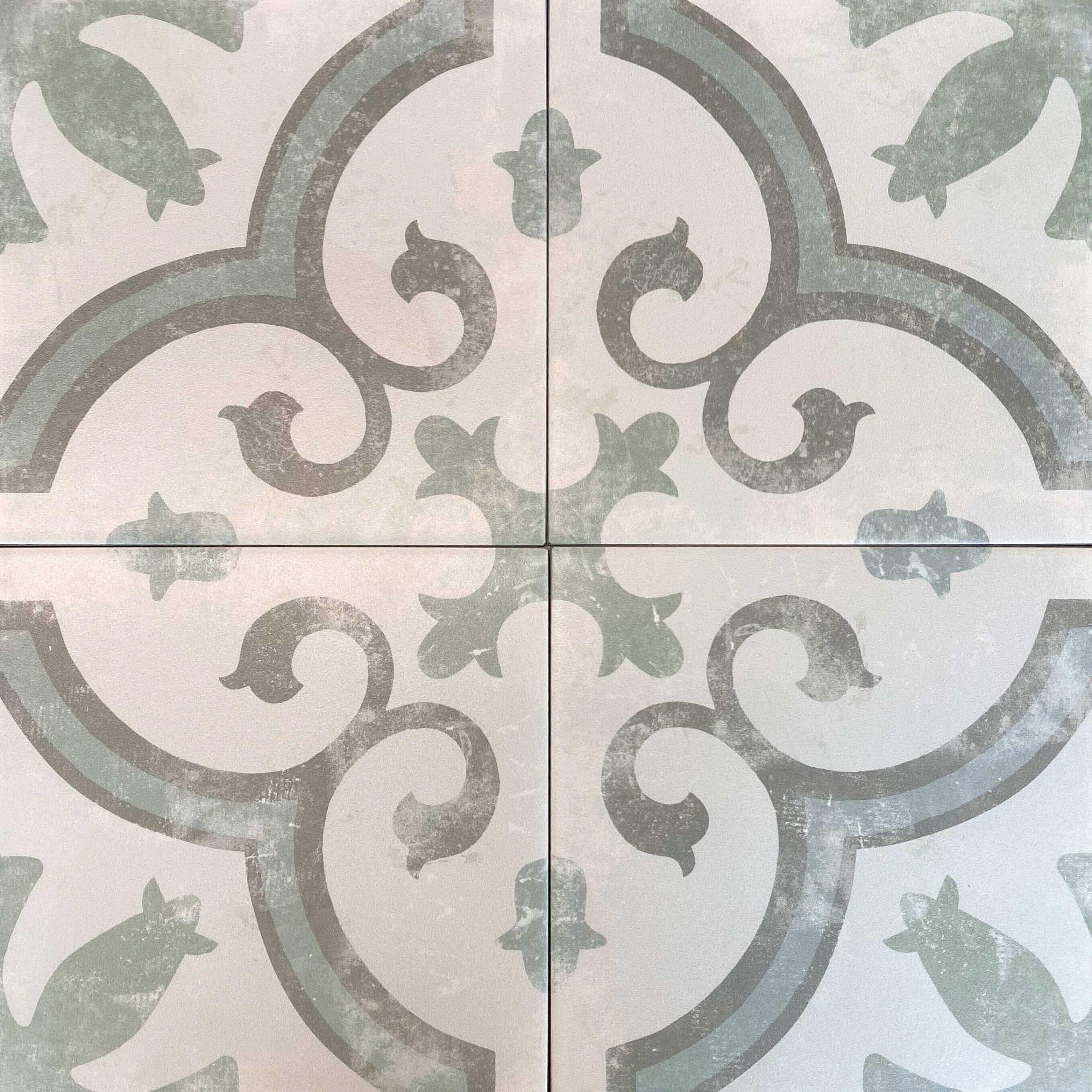 Retro Light Green and Grey Matt Floral Patterned Non-Rectified Glazed Porcelain Wall & Floor Tile 3448