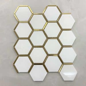 White Quartz Hexagon Mosaic With Stainless Steel Gold Trim 330x280mm (#7571)