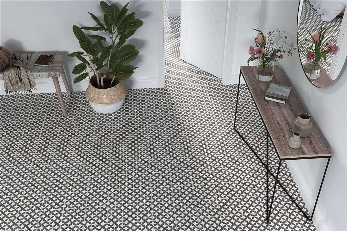 Black & White Geometric Matt Spanish Porcelain Encaustic Look Tile 3462
