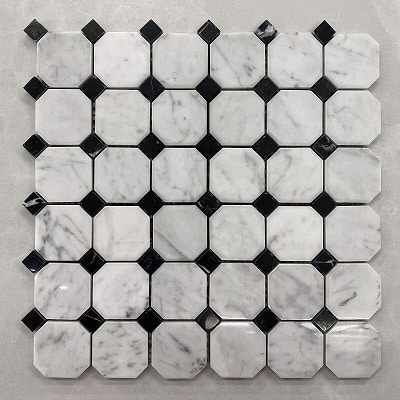 300x300mm Octagon Dot Carrara & Black Marquina Marble Mosaic 7481