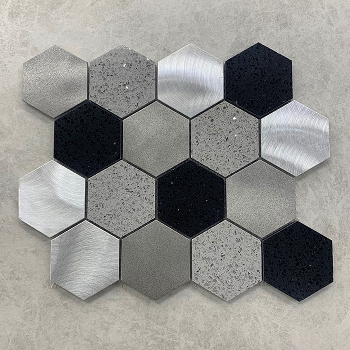 280x298mm Hexagon Mixed Terrazzo Aluminium & Porcelain Mosaic 7444