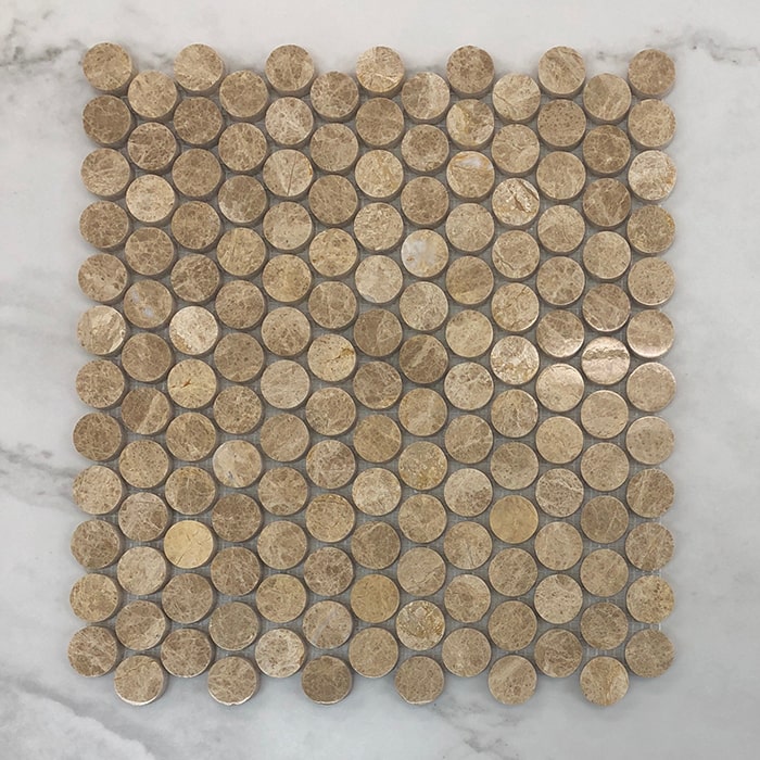 Polished Emperador Light Penny Round Mosaic Sheet (285x305mm, 23mm pieces)(#7543)