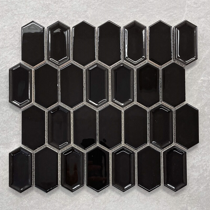 Stretched Hex Gloss Black Porcelain Mosaic Sheet 75x37mm 0118